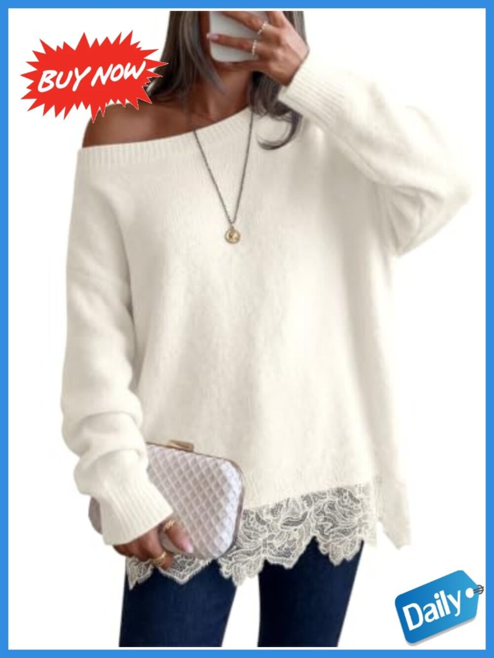 Saodimallsu Lace Patchwork Sweater Long Sleeve Boat Neck Pullover